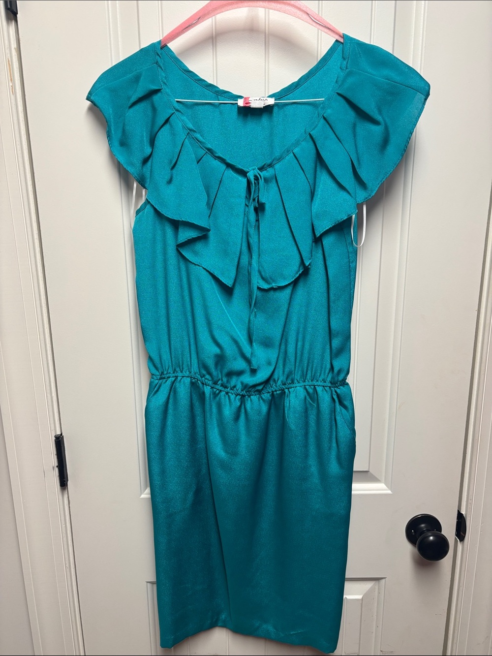 Women's Teal Ruffle-Front Midi Dress with Elastic Waist size 6